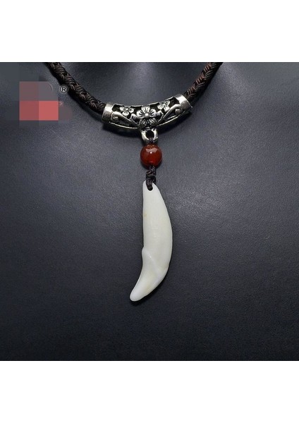 Doğal Tibet Beyaz Kurt Dişi Kolye Ayarlı Örgü Ipli Metal Charm Boncuklu