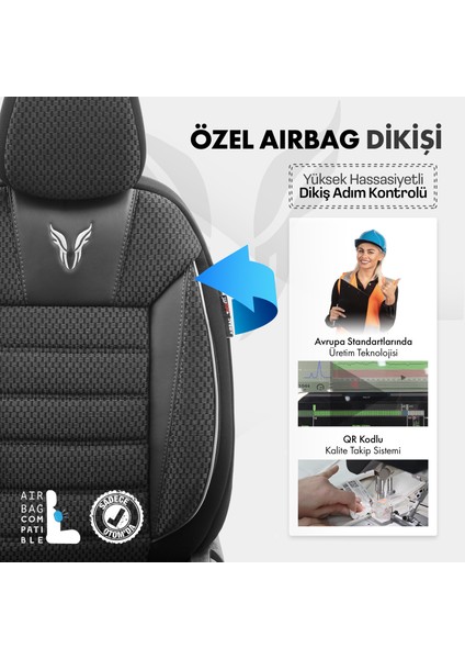 Toro Design Airbag Dikişli Ekstra Destekli Özel Dokulu Oto Koltuk Kılıfı Tam Set Siyah-Gri