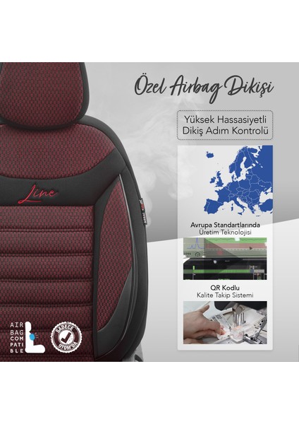 Line Design Airbag Dikişli Ekstra Destekli Özel Tasarım Oto Koltuk Kılıfı Tam Set Bordo-Siyah modelleri