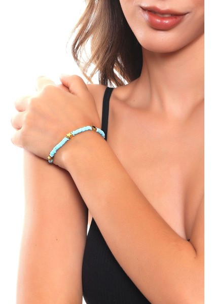 Kadın Altın Renk Yıldız Charm Detaylı Fosforlu Mavi Renk Fimo Bileklik