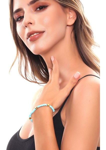 Kadın Altın Renk Yıldız Charm Detaylı Fosforlu Mavi Renk Fimo Bileklik