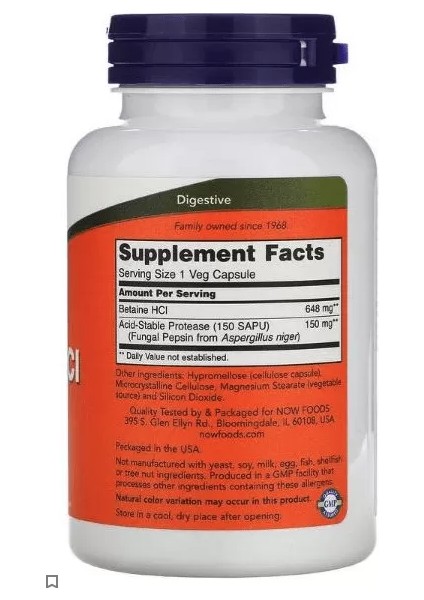 Betaine Hcl 648 Mg 120 Veggie Capsul. USA
