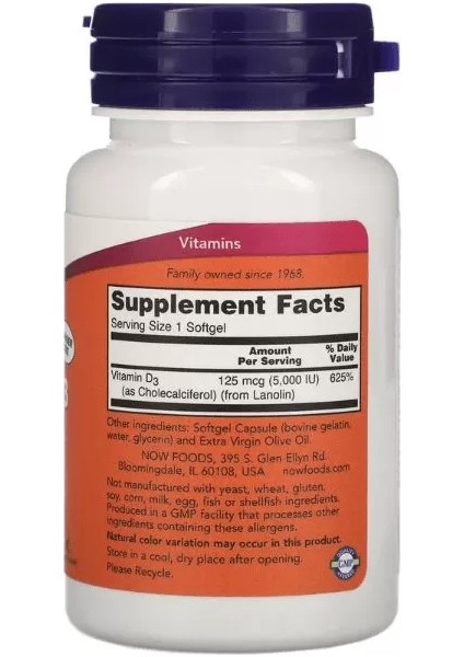 Foods High Potency Vitamin D-3 125 Mcg (5,000 Iu) 240 Softgels. USA