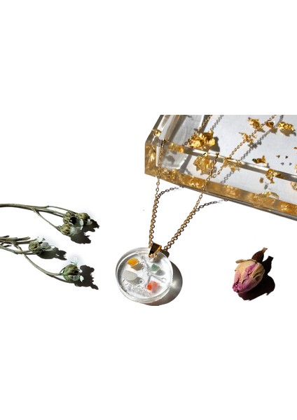 Yıldız Haritalı Burç Doğal Taşlı Epoksi Yuvarlak Kolye