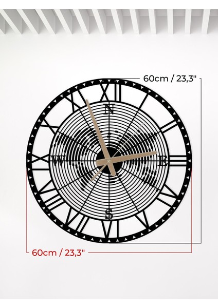 Metalium Concept Dekoratif Metal Duvar Saati Pusula Temalı Dünya Haritası 60 x 60 cm