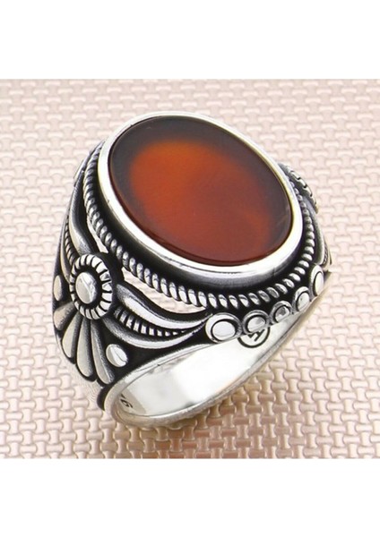 Erkek Gümüş 925 Ayar Kırmızı Akik Taşlı Taç Model Yüzük