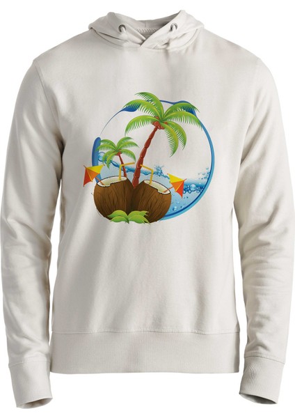 Palmiye Resimli Tasarımlı Baskılı Ekru Sweatshirt