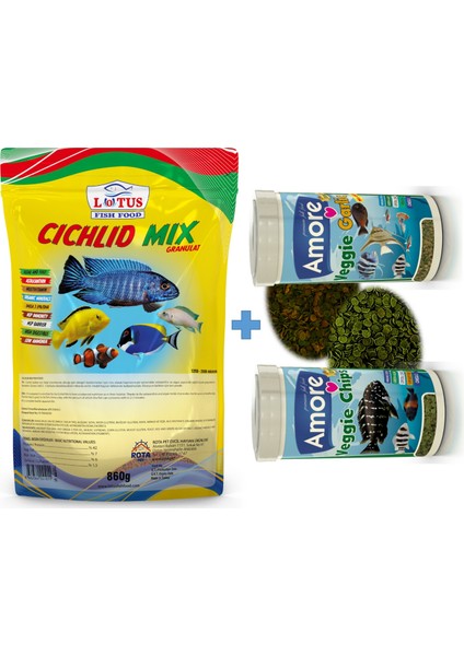 Cichlid Mix Granül Protein Bitkisel Karışık 860 G Malawi Ciklet Balık Yemi + 30 gr + 30 gr