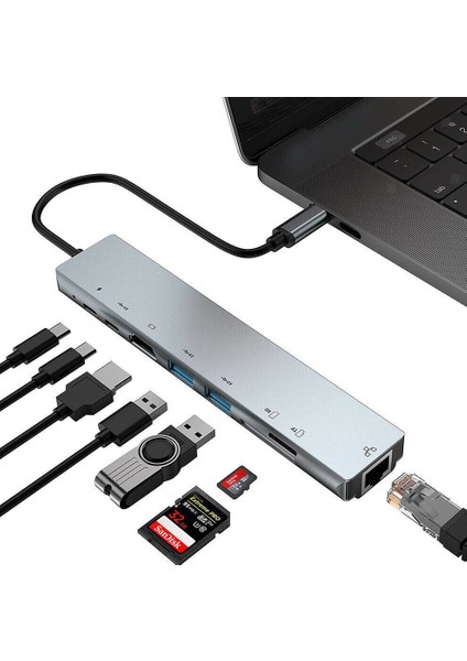 Ethernet USB Type-C Hub HDMI Girişi Çevirici 8in1 Çevirici Adaptör
