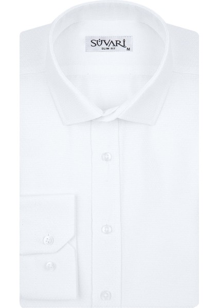 Slim Fit Armür Desenli Beyaz Erkek Gömlek