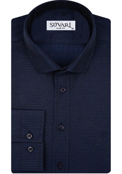 Slim Fit Armür Desenli Lacivert Erkek Gömlek