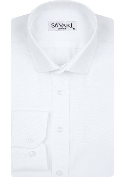 Slim Fit Armür Desenli Beyaz Erkek Gömlek