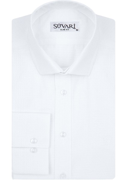 Slim Fit Armür Desenli Beyaz Erkek Gömlek