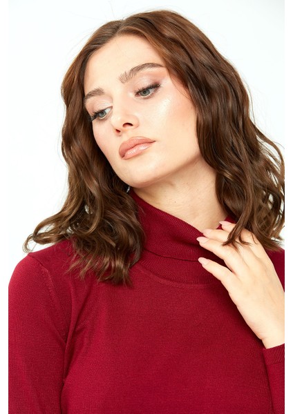 Kadın Likralı Uzun Kollu Basic Tam Balıkçı Bluz Vişne