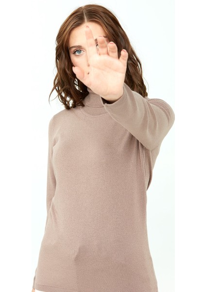 Kadın Likralı Uzun Kollu Basic Tam Balıkçı Bluz Vizon modelleri