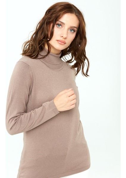 Kadın Likralı Uzun Kollu Basic Tam Balıkçı Bluz Vizon indirimleri