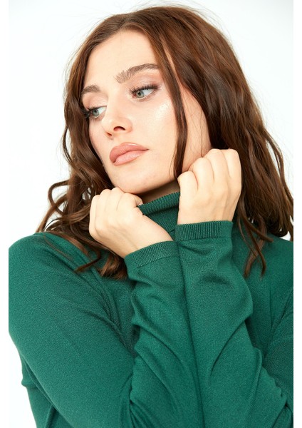 Kadın Likralı Uzun Kollu Basic Tam Balıkçı Bluz Ördek Yeşil