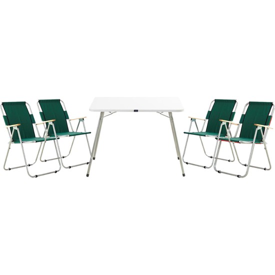 Byeren Piknik Seti - 4 Adet Ağaç Kollu Kamp Sandalyesi Yeşil - 60 x 80 cm Masa Beyaz