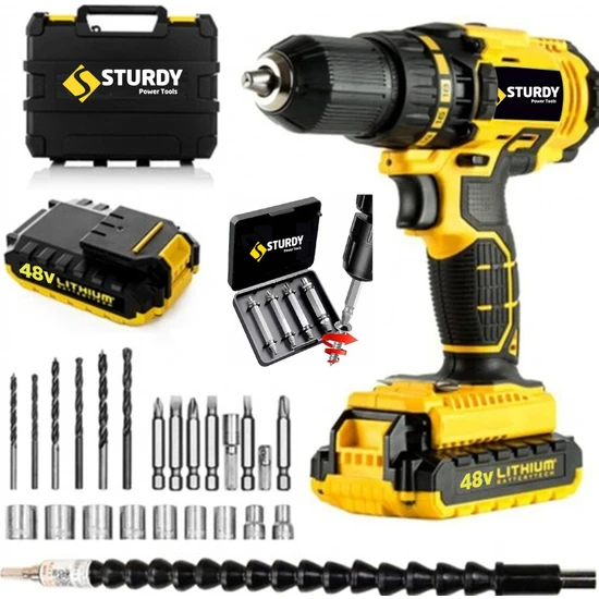 STURDY 48V5AH Lion Çift Akülü Darbeli Turbo Şarjlı Matkap 27 Parca Setli + Bozulmuş Vida Sökme Setli