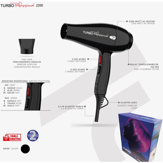 Fönsan Turbo Profesyonel 2200 Watt Fön Makinesi Siyah 3 Isı Ayarı ve 2 Hız Ayarı ile