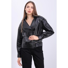 Deri Effect Kadın Oversize Açık Kahve Deri Ceket