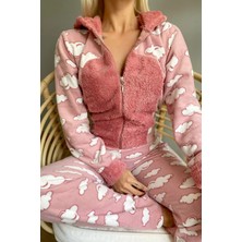 Pijama Evi Bulut Desenli Kadın Polar Peluş Tulum Pijama Takımı XL