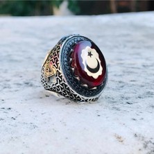 Takılingo 925 Ayar Gümüş Kehribar Taş Üzeri Ayyıldız Motifli Usta İşi Kalem Erkek Yüzük