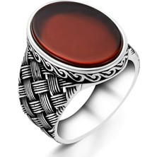 Takılingo 925 Ayar Gümüş Örgü Model Oval Bordo Akik Taşlı Erkek Yüzük