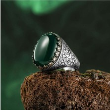 Takılingo 925 Ayar Gümüş Kalem İşlemeli Yeşil Akik Taşlı Usta İşi Erkek Yüzük