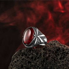 Takılingo 925 Ayar Gümüş Kırmızı Akik Taşlı Usta İşi Zirkon Detaylı Erkek Yüzük