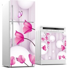Sticker Art Buzdolabı ve Bulaşık Makinası Beyaz Eşya Sticker Kaplama 3D Çiçek Kelebek