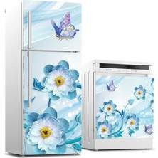 Sticker Art Buzdolabı ve Bulaşık Makinası Beyaz Eşya Sticker Kaplama 3D Mavi Çiçek Kelebek