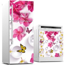 Sticker Art Buzdolabı ve Bulaşık Makinası Beyaz Eşya Sticker Kaplama Pembe Çiçek Kelebek