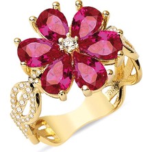 Bilezikci Kırmızı Taşlı Çiçek Altın Yüzük