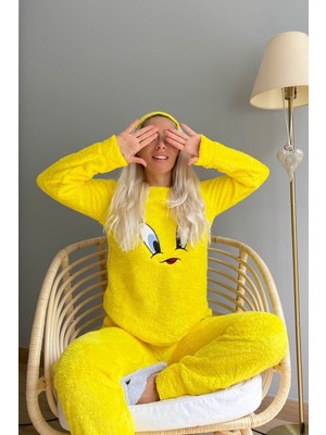 Pijama Evi Sarı Kuş Desenli Tam Peluş Pijama Takımı
