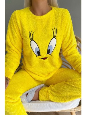 Pijama Evi Sarı Kuş Desenli Tam Peluş Pijama Takımı