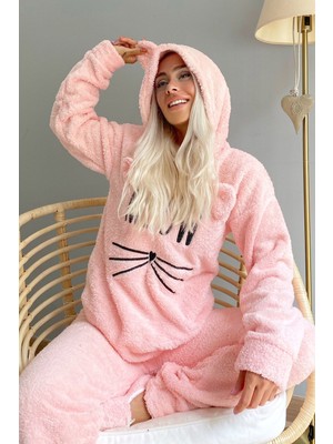 Pijamaevi Meow Desenli Tam Peluş Pijama Takımı