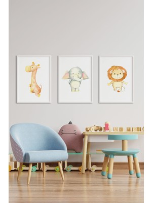 Lyn Home & Decor Animals Beyaz Çerçeveli 3 Adet 33X43 Çocuk Odası Tablosu