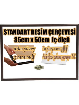 MİXEFOR Boş Çerçeve - 35CM x 50CM Iç Ölçü -Renk KOYU KAHVE -Arka Yüzey 3mm Mdf-  Ön yüzey  Kırılmaz  parlama yapmayan Antireflektif