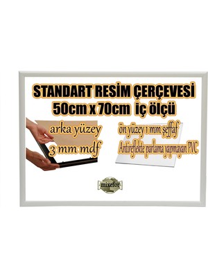 MİXEFOR Boş Çerçeve - 50CM x 70CM Iç Ölçü-Renk BEYAZ   Arka Yüzey 3 mm Mdf-  Ön yüzey  Kırılmaz  parlama yapmayan Antireflektif