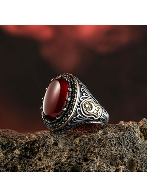 Takılingo 925 Ayar Gümüş Mikro Taşlı Kırmızı Akik Taşlı Ay Yıldız Motifli Erkek Yüzük