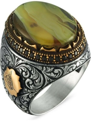 Takılingo 925 Ayar Gümüş  Sarı Hareli Kehribar Taşlı Kalem İşlemeli Erkek Yüzük