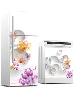 Sticker Art Buzdolabı ve Bulaşık Makinası Beyaz Eşya Sticker Kaplama 3D Beyaz Daire Çiçek