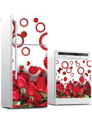 Sticker Art Buzdolabı ve Bulaşık Makinası Beyaz Eşya Sticker Kaplama Kırmızı Güller Daire