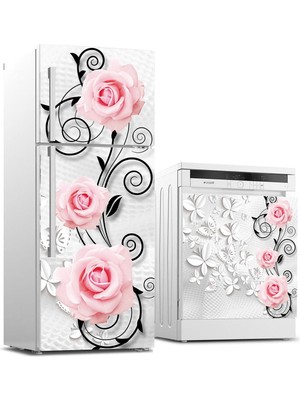 Sticker Art Buzdolabı ve Bulaşık Makinası Beyaz Eşya Sticker Kaplama Pembe Güller