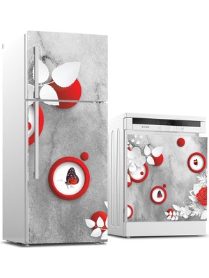 Sticker Art Buzdolabı ve Bulaşık Makinası Beyaz Eşya Sticker Kaplama Kırmızı Yuvarlak Kelebek
