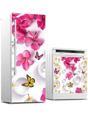 Sticker Art Buzdolabı ve Bulaşık Makinası Beyaz Eşya Sticker Kaplama Pembe Çiçek Kelebek