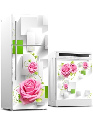 Sticker Art Buzdolabı ve Bulaşık Makinası Beyaz Eşya Sticker Kaplama Pembe Gül Yeşil