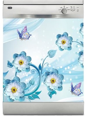 Sticker Art Bulaşık Makinesi Sticker Kaplama Beyaz Eşya Kaplama 3D Mavi Kelebek Çiçek