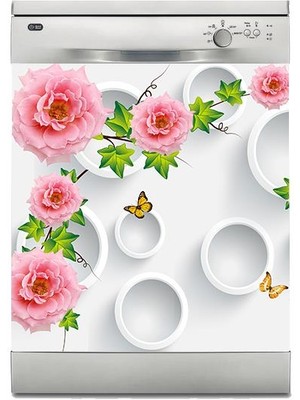 Sticker Art Bulaşık Makinesi Sticker Kaplama Beyaz Eşya Kaplama 3D Pembe Gül Çiçek